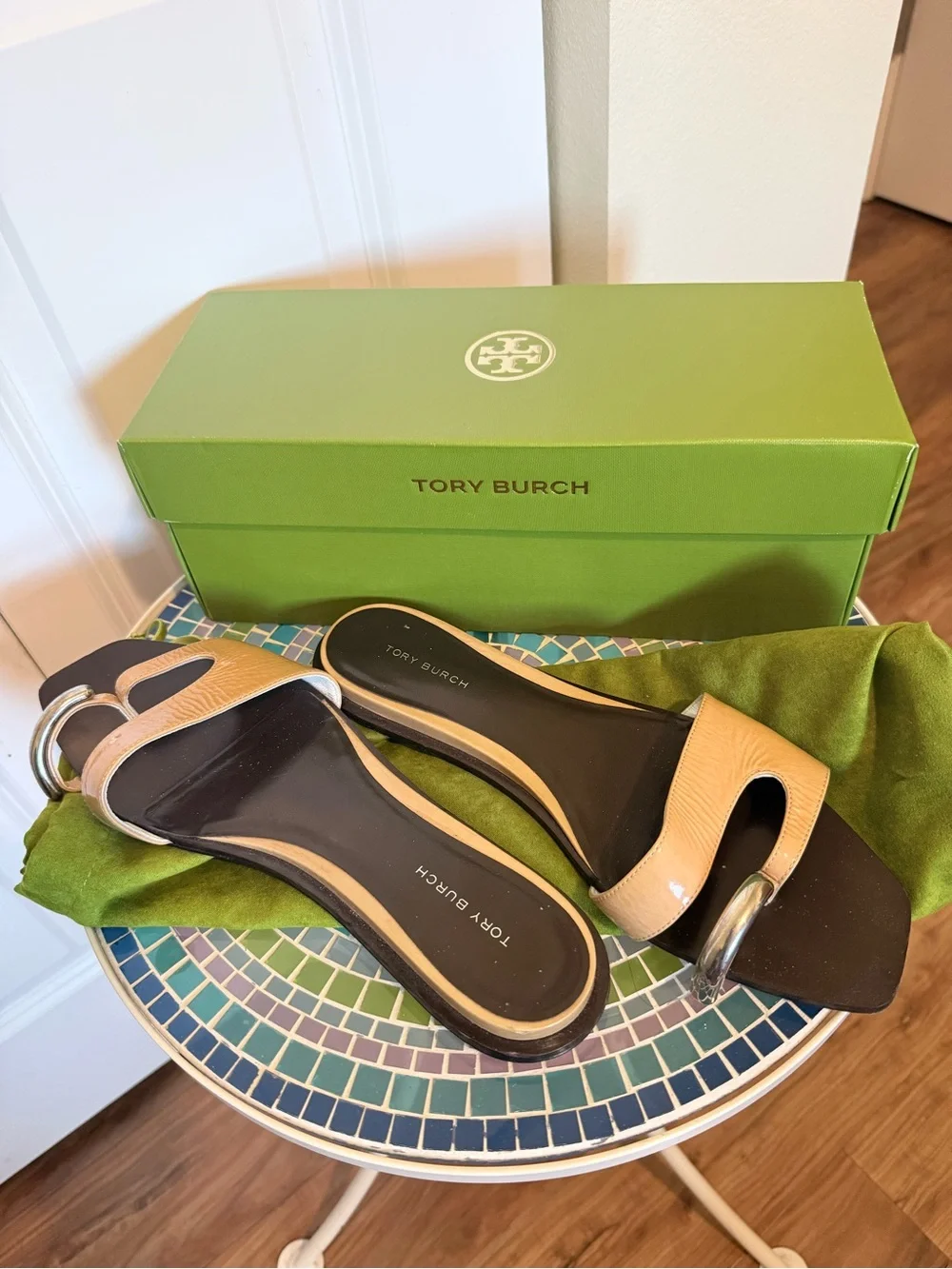 Tory Burch Beige Leather Slide Mules with Silver Hardware